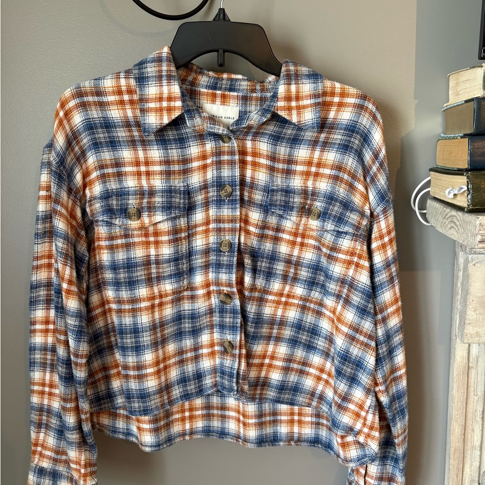 American Eagle Plaid Shirt Jacket in Blue and Rust Orange